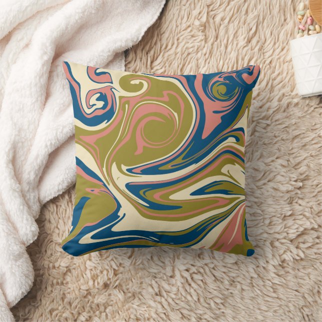 Spill - Blue, Olive Green, Pink and Cream Throw Pillow (Blanket)