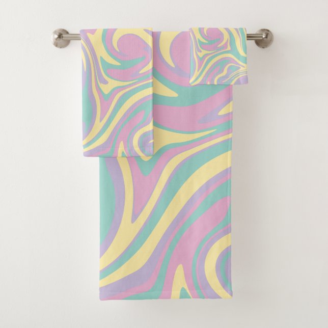 Spill - Pastel Pink, Yellow, Purple and Green Bath Towel Set (Insitu)
