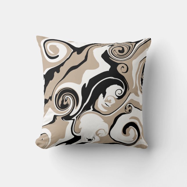 Spill - Taupe, Black and White Throw Pillow (Front)