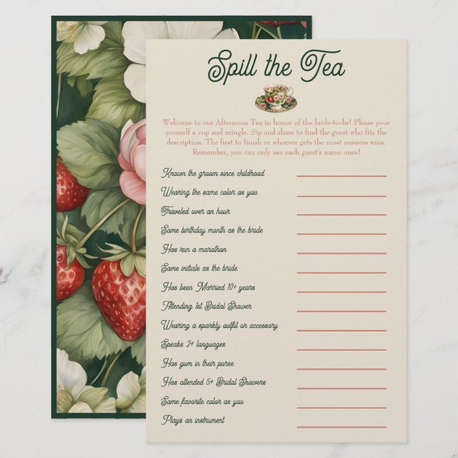 Spill the Tea: Bridal Shower Mix and Mingle Game (Front/Back)