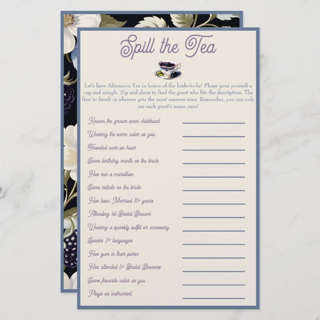 Spill the Tea: Bridal Shower Mix and Mingle Game (Front/Back)