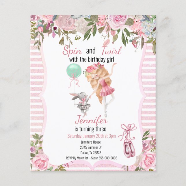Spin Twirl Pink Ballerina Girl Birthday Party  Flyer (Front)