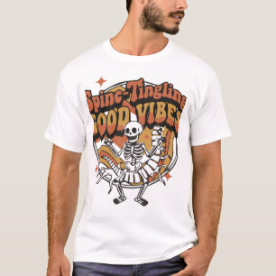 Spine-Tingling Good Vibes Funny Skeleton Graphic T-Shirt