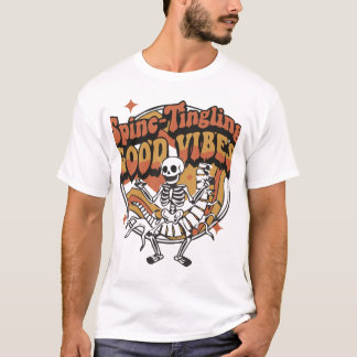 Spine-Tingling Good Vibes Funny Skeleton Graphic T-Shirt