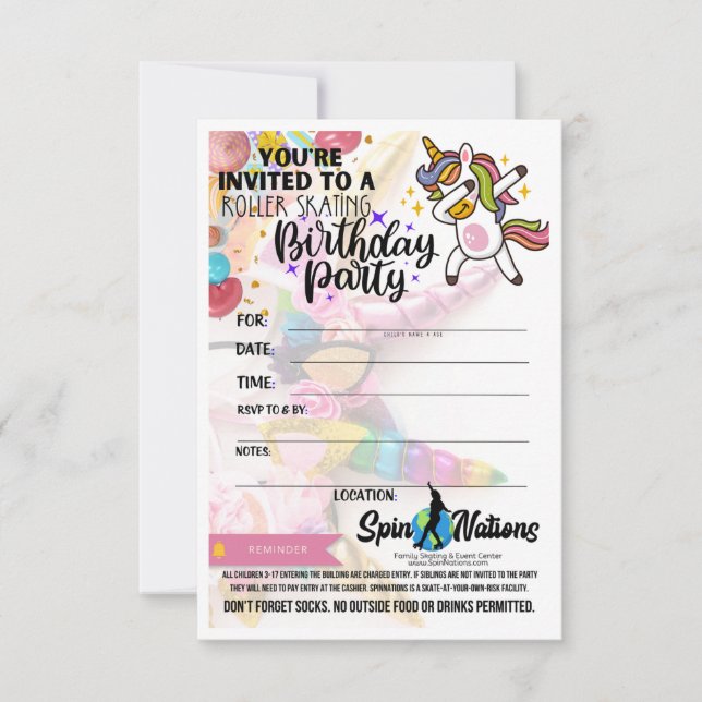 SpinNations Unicorn Birthday Invitations (Front)