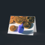 Spinning Dreidel with Gelt (chocolate coins) Holiday Card<br><div class="desc">Happy Hanukkah (Spinning Dreidel with Gelt (chocolate coins) chanukkah,  Jewish,  religion, Holiday,  game,  children,  family,  spiritual</div>