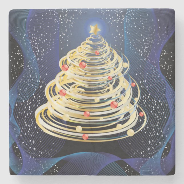 Spinning Gold Swirls Modern Christmas Tree Stone Coaster (Front)