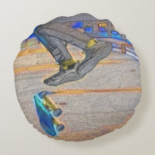Spinning the Deck - Skateboard Trick Round Pillow