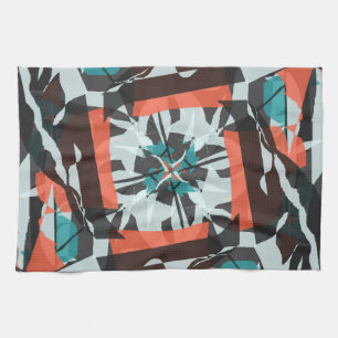 Spinning Tile Design in Orange, Black, and Aqua Kitchen Towel