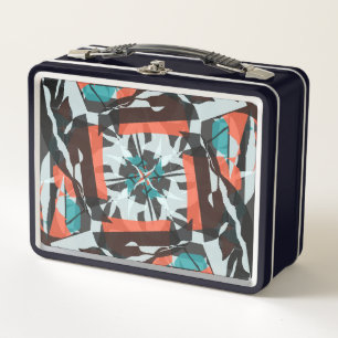 Spinning Tile Design in Orange, Black, and Aqua Metal Lunch Box