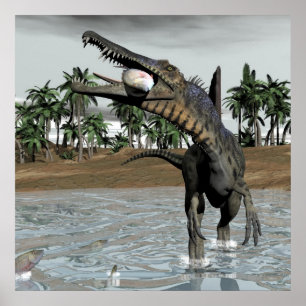 Spinosaurus dinosaur eating fish - 3D render Poster