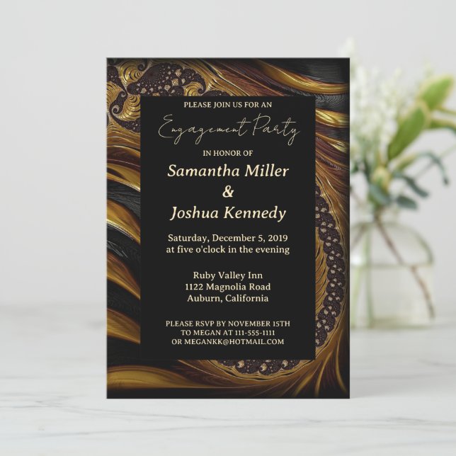 Spiral Gold Fractal Engagement Party Invitation (Standing Front)
