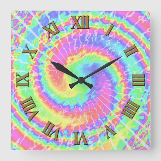 Spiral kaleidoscope TIE DYE ROMAN NUMBERS Square Wall Clock (Front)
