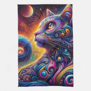 Spiral Mystic Galaxy Rainbow Cat Kitchen Towel
