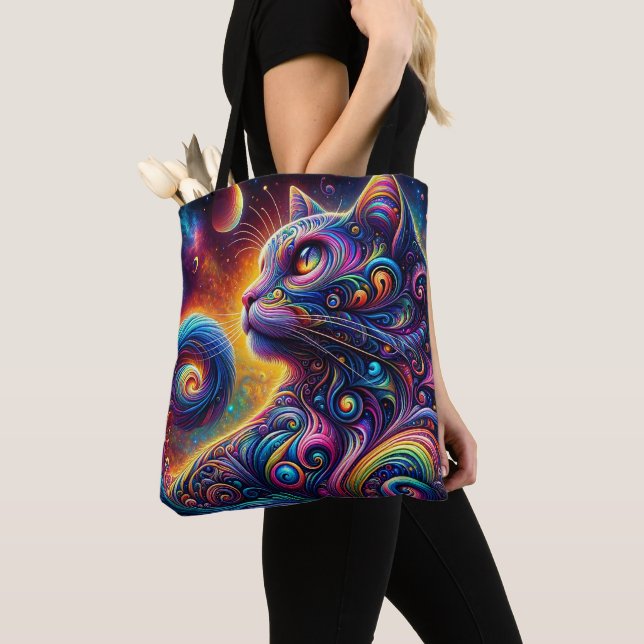 Spiral Mystic Galaxy Rainbow Cat Tote Bag (Close Up)