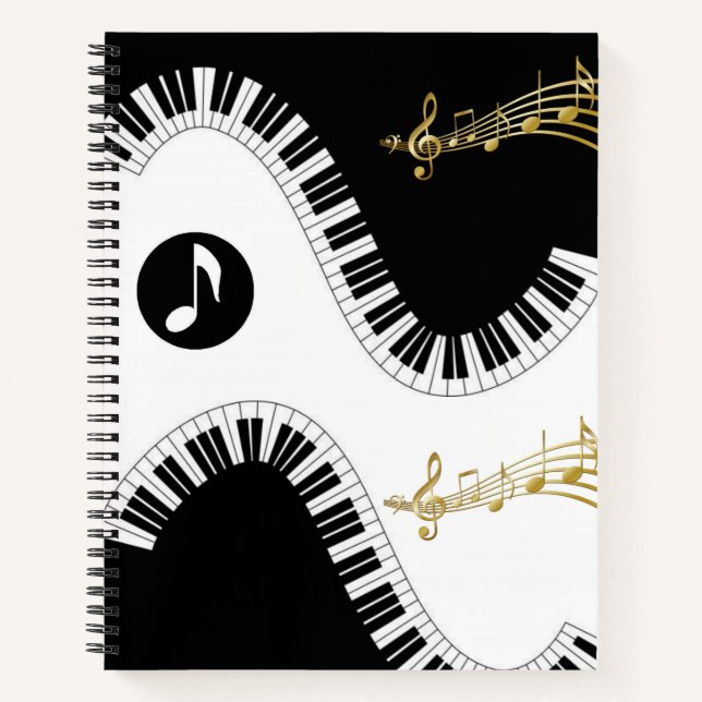 Spiral Notebook Black White Gold Music Notes (Front)
