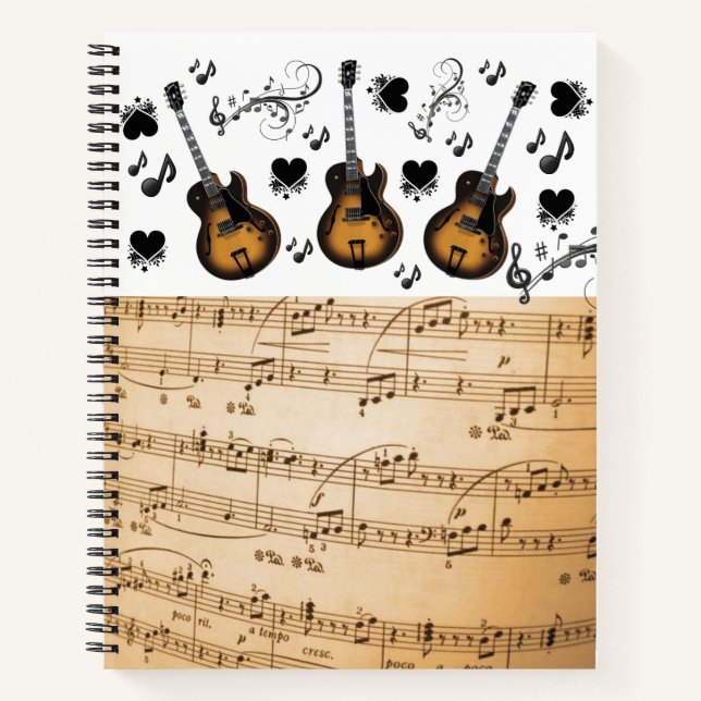 Spiral Notebook Music Notes Guitar Black Hearts (Front)