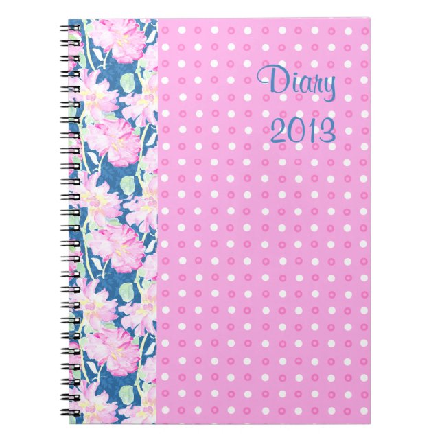 Spiral Notebook or Journal, Pink Roses, Polka Dots (Front)