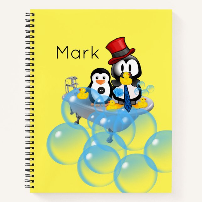 Spiral Notebook Penguin Bubbles Bathtub (Front)