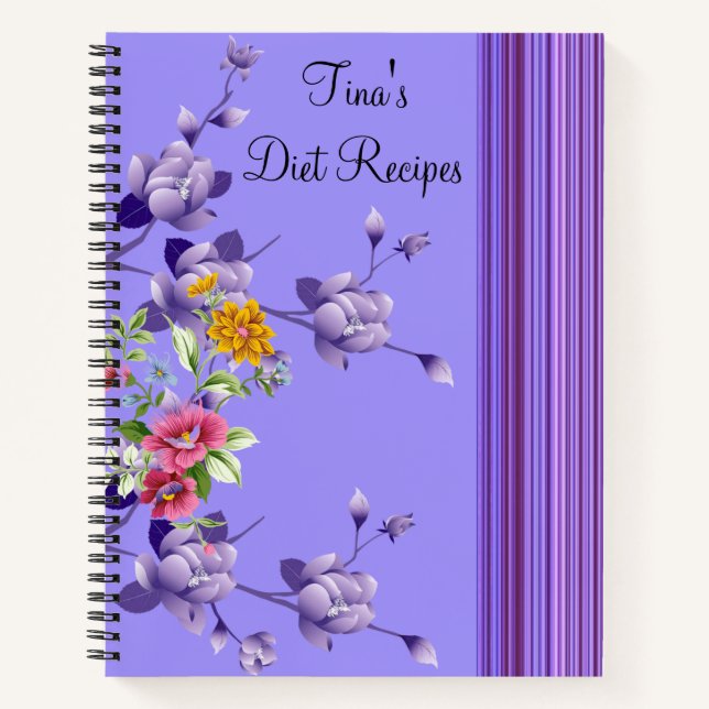 Spiral Notebook Purple Stripe Floral Diet Recipes (Front)