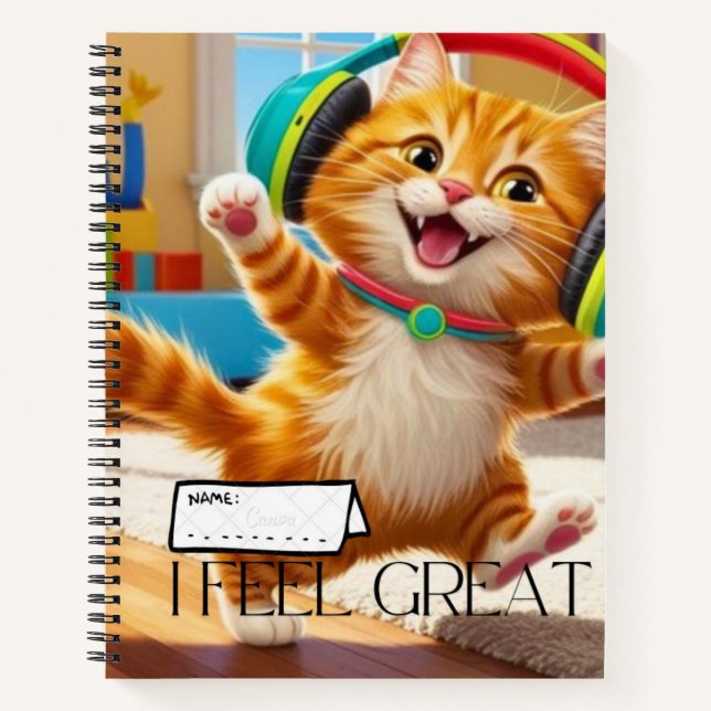 Spiral notebook with cute cat design. (Front)