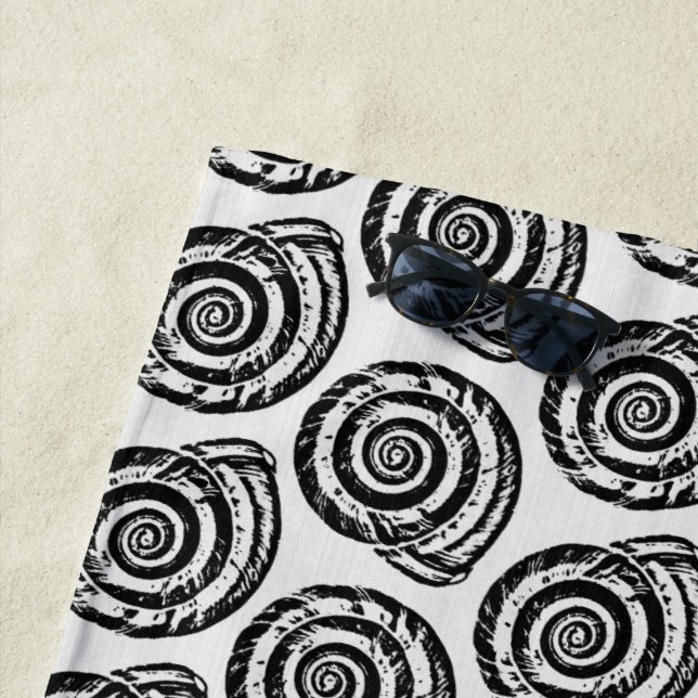Spiral Seashell Block Print, Black and White Beach Towel (In Situ)