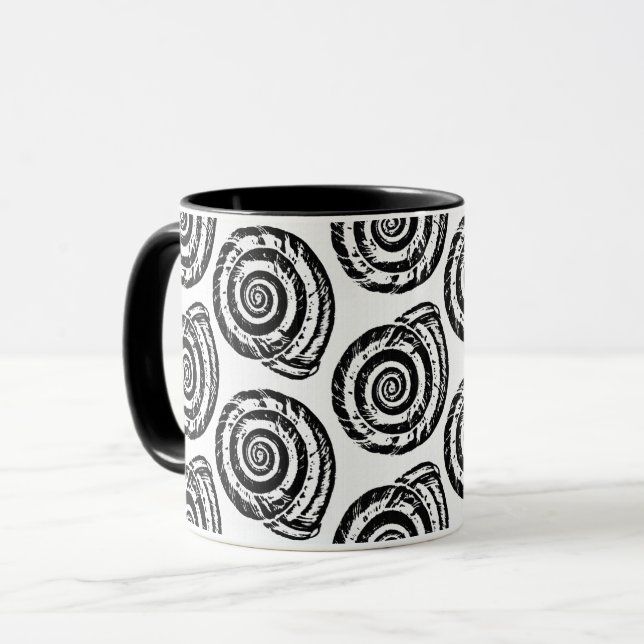 Spiral Seashell Block Print, Black and White  Mug (Front Left)