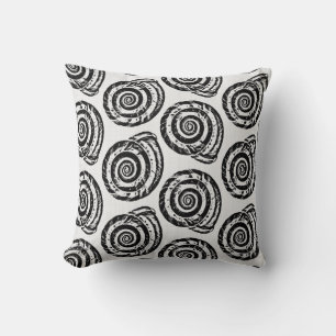 Spiral Seashell Block Print, Black and White Throw Pillow