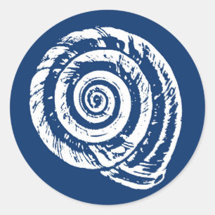 Spiral Seashell Block Print, Cobalt Blue and White Classic Round Sticker