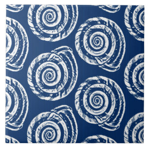 Spiral Seashell Block Print, Cobalt Blue and White Tile