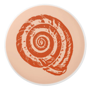 Spiral Seashell Block Print, Coral Orange Ceramic Knob