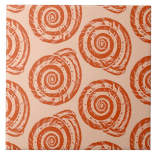 Spiral Seashell Block Print, Coral Orange Tile