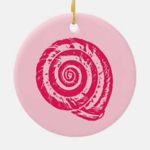 Spiral Seashell Block Print, Coral Pink & Fuchsia Ceramic Ornament