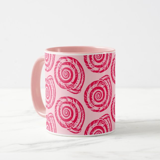 Spiral Seashell Block Print, Coral Pink & Fuchsia Mug (Front Left)