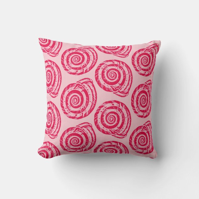 Spiral Seashell Block Print, Coral Pink & Fuchsia Throw Pillow (Front)