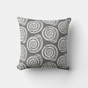 Spiral Seashell Block Print, Grey / Grey and White Throw Pillow