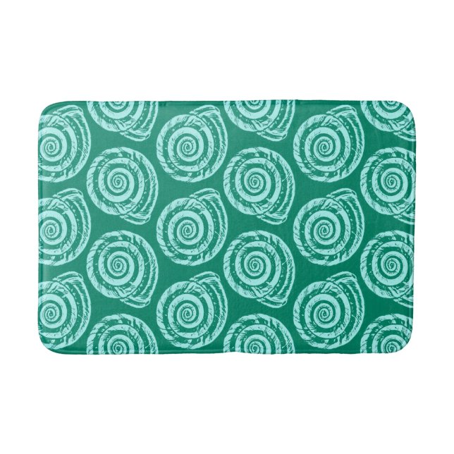 Spiral Seashell Block Print, Turquoise and Aqua Bath Mat (Front)