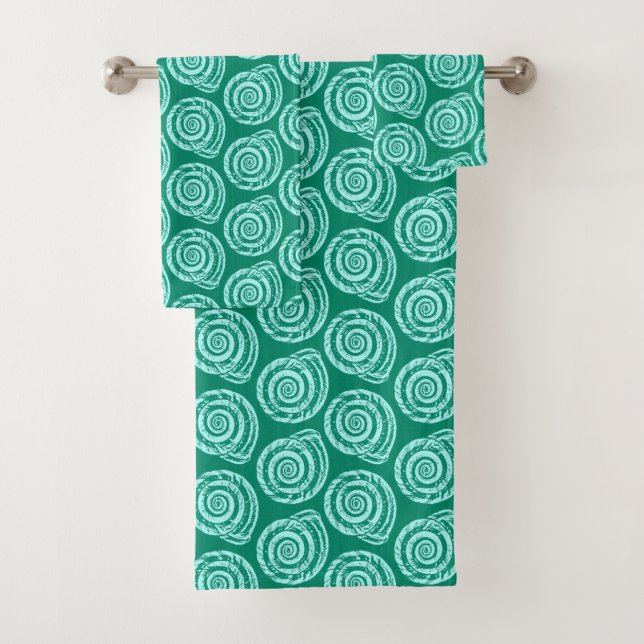 Spiral Seashell Block Print, Turquoise and Aqua Bath Towel Set (Insitu)