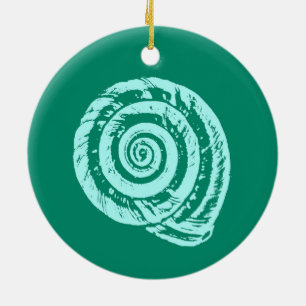 Spiral Seashell Block Print, Turquoise and Aqua   Ceramic Ornament