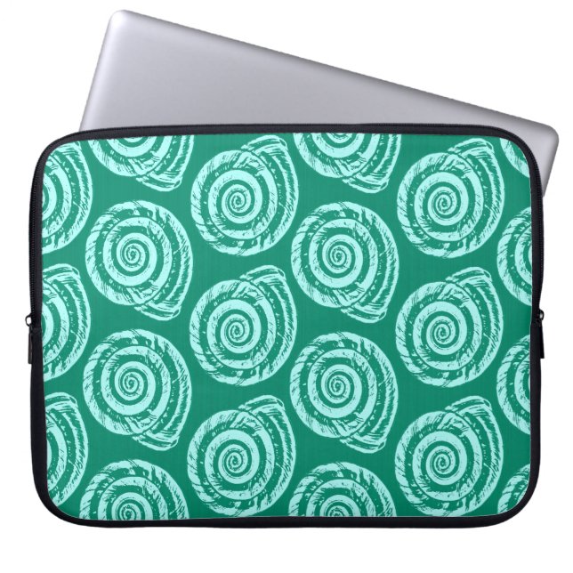 Spiral Seashell Block Print, Turquoise and Aqua Laptop Sleeve (Front)