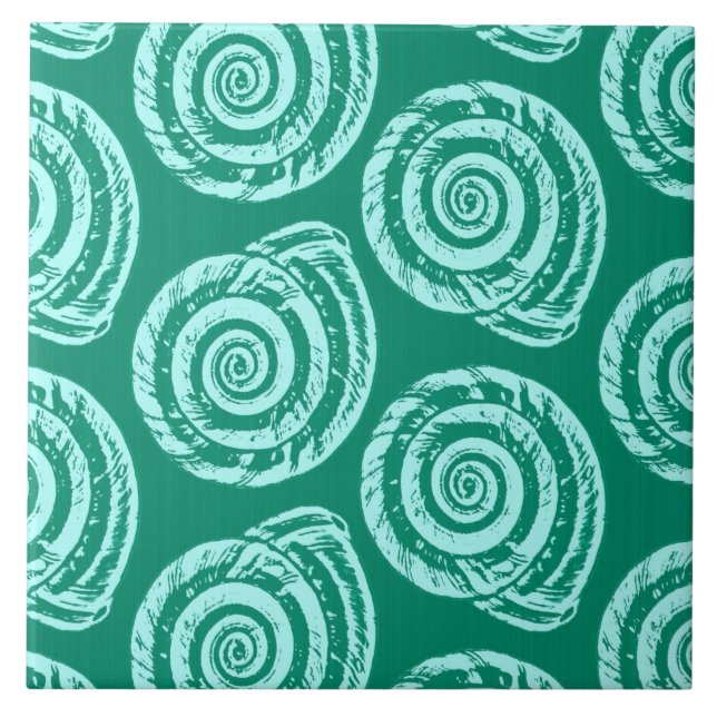 Spiral Seashell Block Print, Turquoise and Aqua Tile (Front)