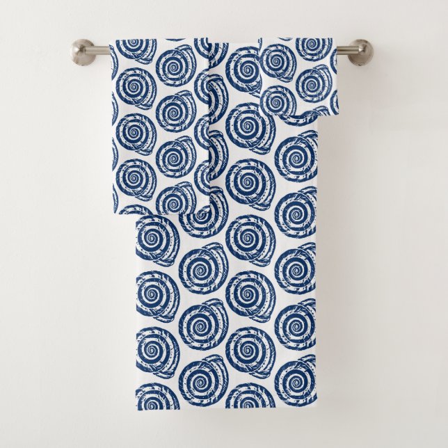 Spiral Seashell Block Print, White and Cobalt Blue Bath Towel Set (Insitu)