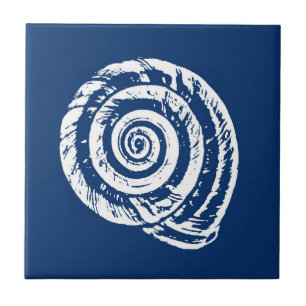 Spiral Seashell, Cobalt Blue and White  Tile