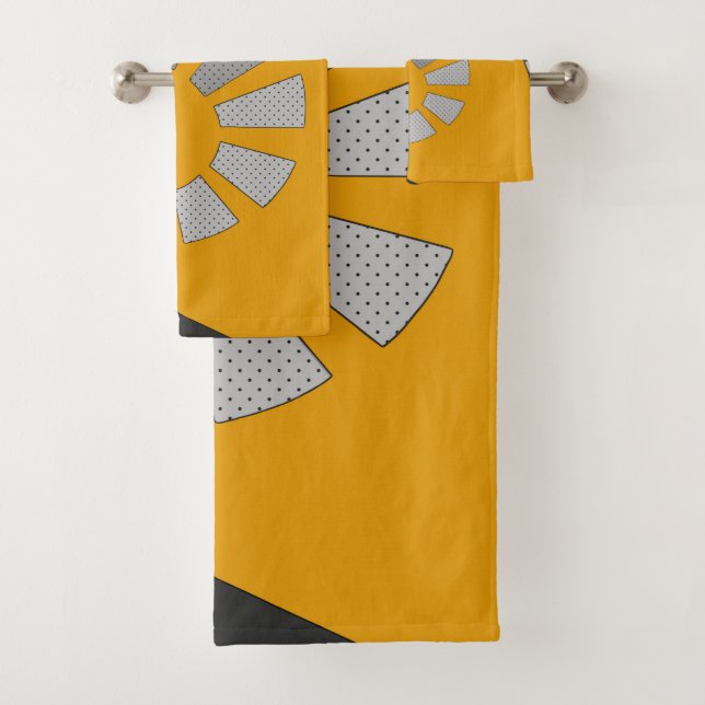 Spiral shape, abstract, polka dots, greys, yellow bath towel set (Insitu)