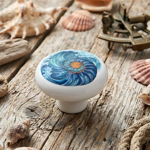 Spiral Shell and Wave Nautical Ocean Ceramic Knob