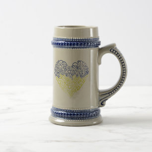 Spiral swirls mehandi heart Ukrainian flag colours Beer Stein