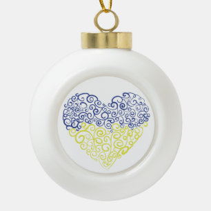 Spiral swirls mehandi heart Ukrainian flag colours Ceramic Ball Christmas Ornament