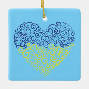 Spiral swirls mehandi heart Ukrainian flag colours Ceramic Ornament