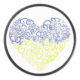 Spiral swirls mehandi heart Ukrainian flag colours Hockey Puck
