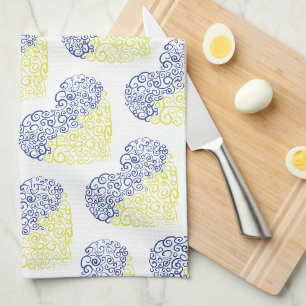 Spiral swirls mehandi heart Ukrainian flag colours Kitchen Towel